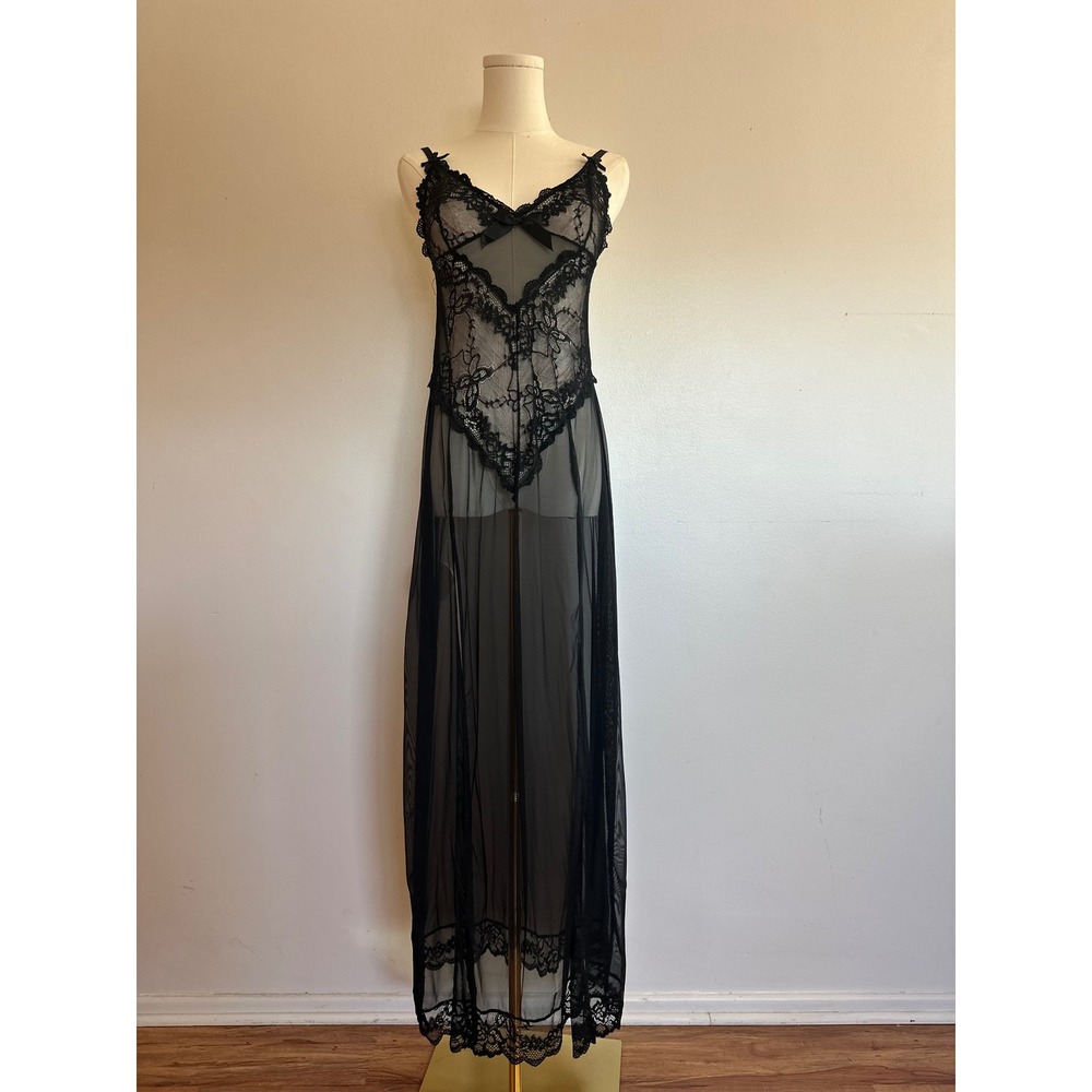 Black Lace Sheer Mesh Long Nightgown Slip Dress Lingerie Goth Romantic Large